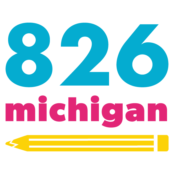 826 michigan logo - says 826 michigan with a yellow pencil underneath